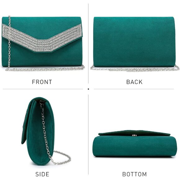 Women's Green Evening Formal Party Clutches Cocktail Prom Velvet Handbags - Picture 2 of 5